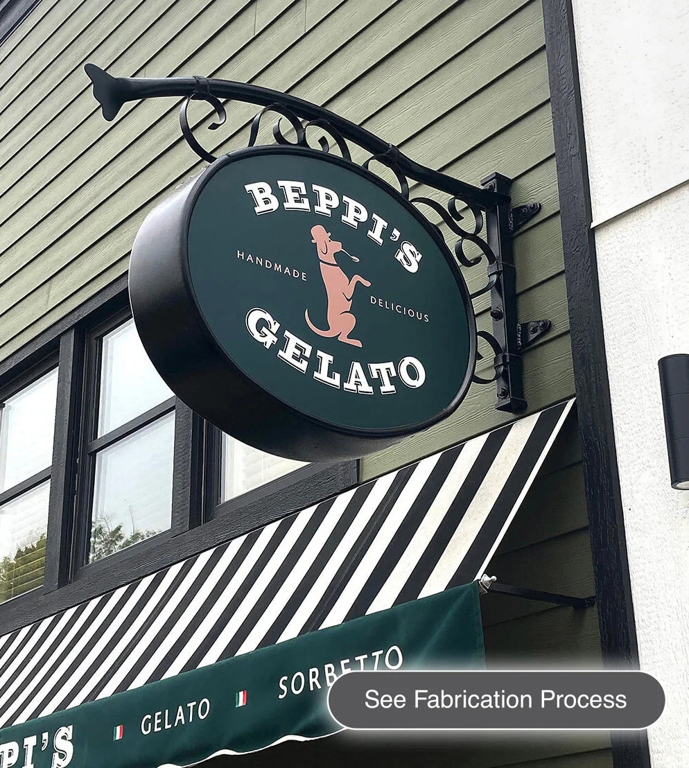 Beppi’s also asked us to design front signage, and in keeping with the feel of tradition and familiarity, we recommended a traditional Italian steel sign with a complimentary awning for front-on viewing. The cantilever sign was built by hand here in