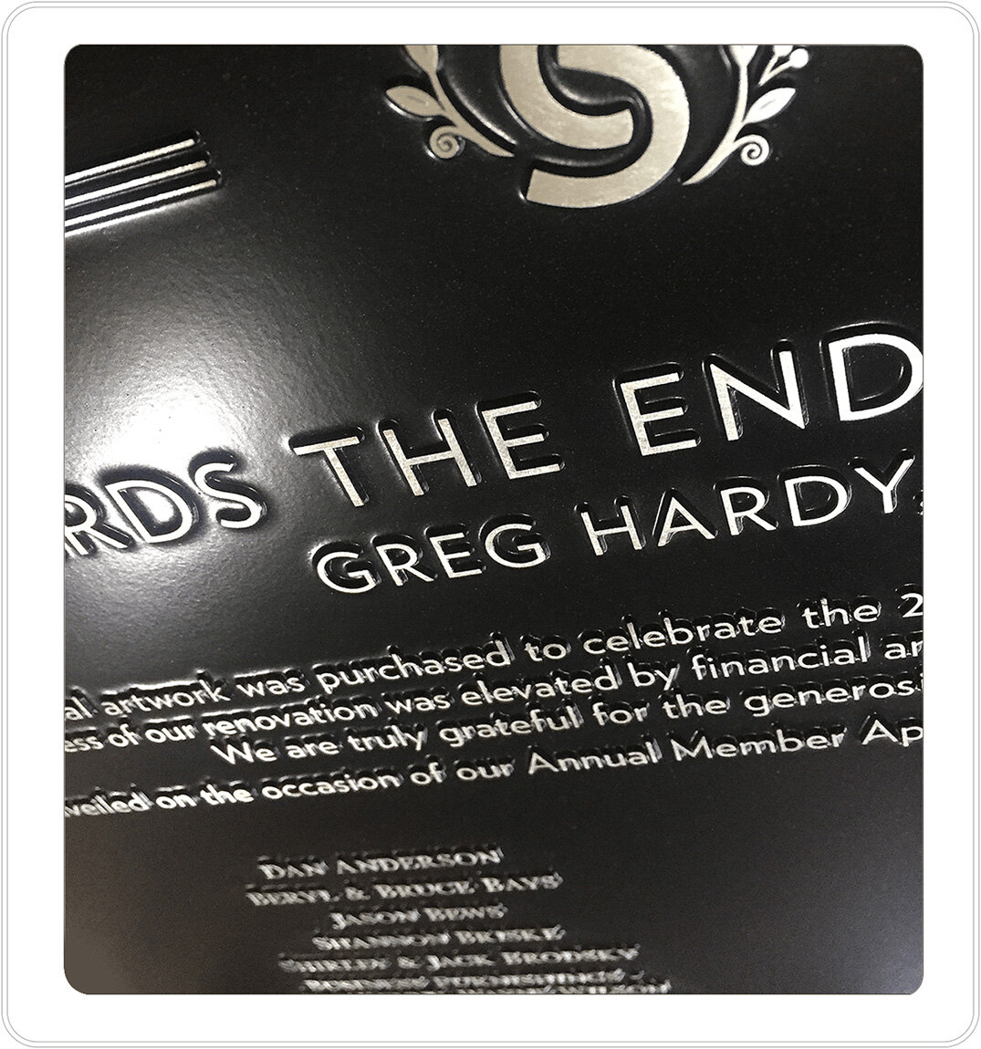 Acid engraved donor appreciation plaque.