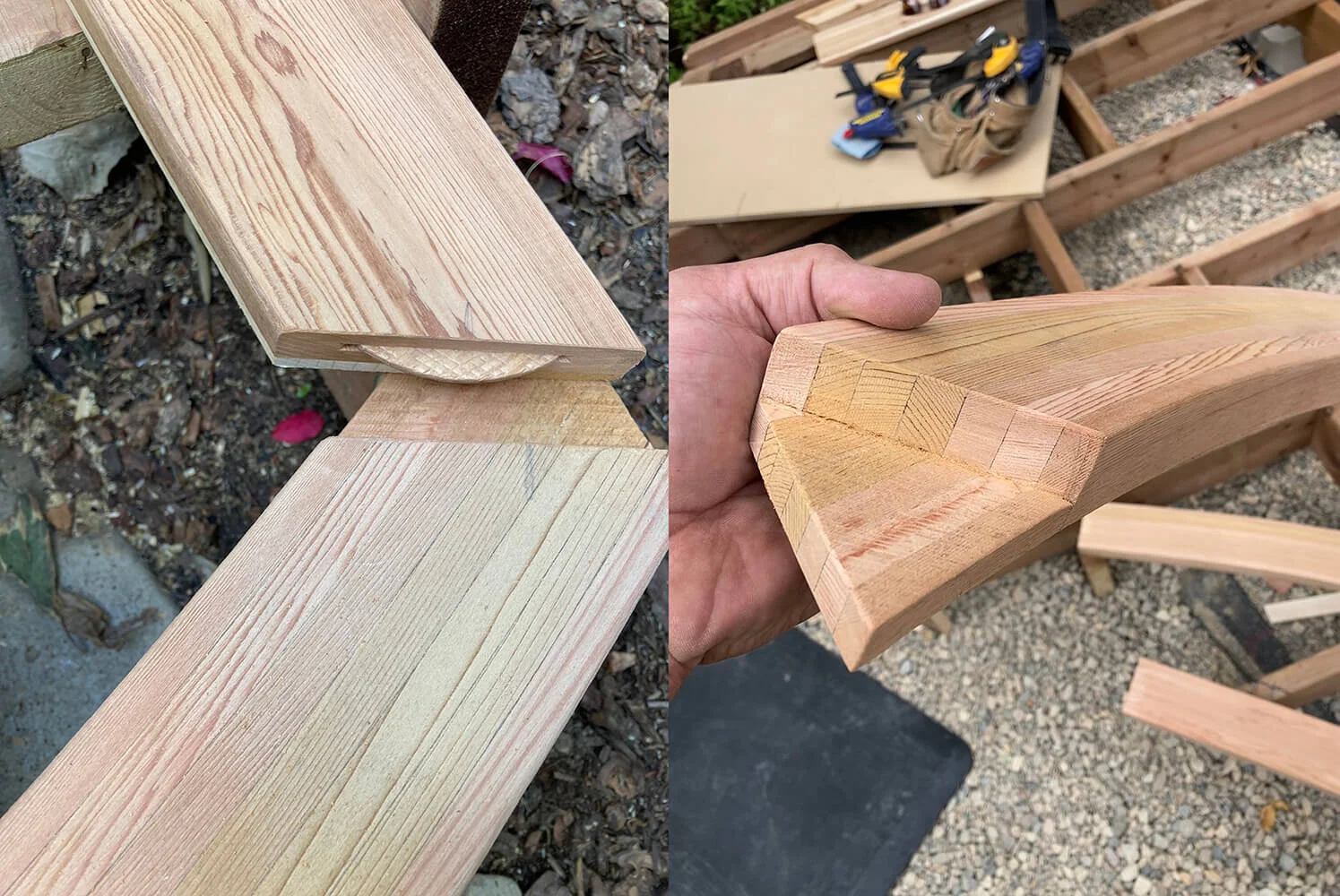 The wave edge corner joints were epoxied mitred half-lap with a biscuit for help in alignment and a little added strength.